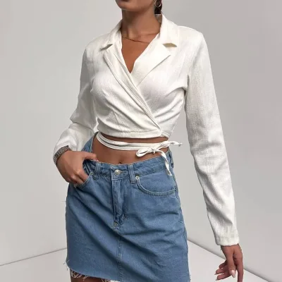 Köynək Yaka Beli Bağlamalı Crop Bluz Ağ 3