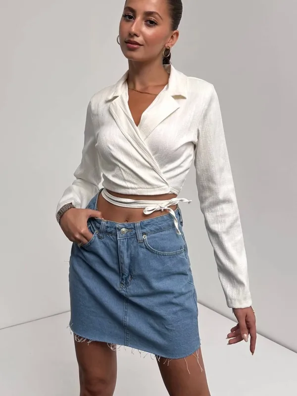 Köynək Yaka Beli Bağlamalı Crop Bluz Ağ 3