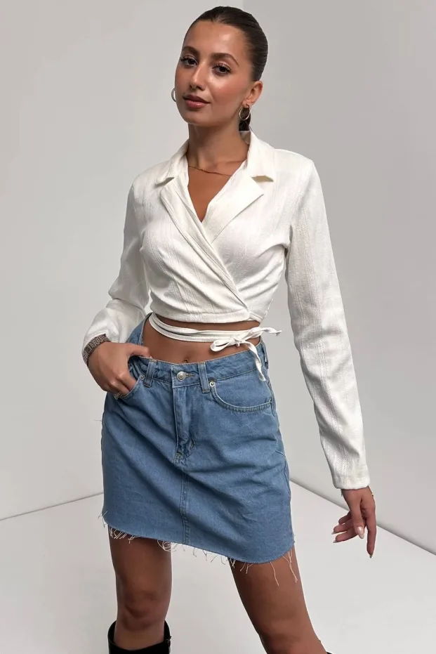 Shirt Collar Tie Waist Crop Blouse White 3