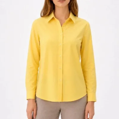 Women's Yellow Long Sleeve Buttoned Classic Collar Daily Office Shirt 1