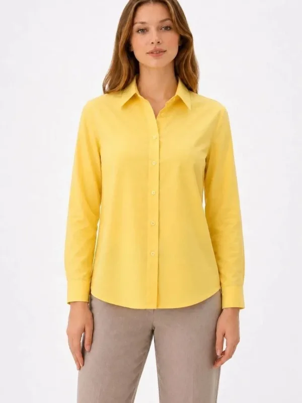 Women's Yellow Long Sleeve Buttoned Classic Collar Daily Office Shirt 1