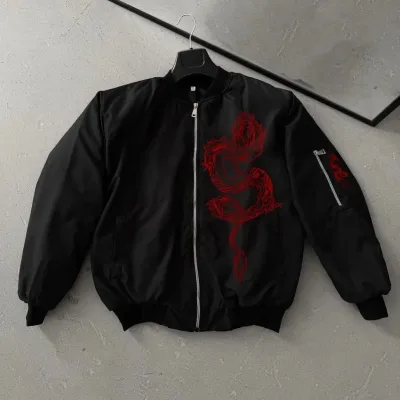 Men's Black Bomber Jacket Red Dragon Pattern Zippered Quilted 1