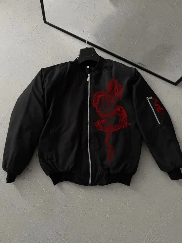 Men's Black Bomber Jacket Red Dragon Pattern Zippered Quilted 1