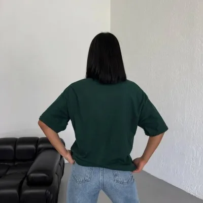 Femeie Haki Oversize Guler Bicicletă Simplu Mânecă Scurtă Tricou 2
