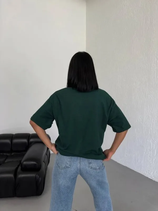 Femeie Haki Oversize Guler Bicicletă Simplu Mânecă Scurtă Tricou 2