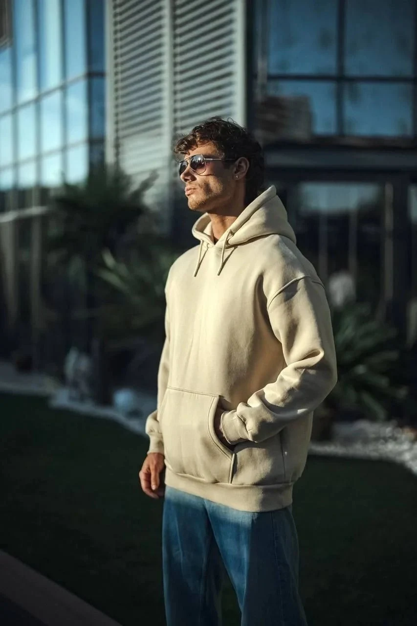 Férfi Bézs 3 Szálas Pamut Kapucnis Basic Sweatshirt