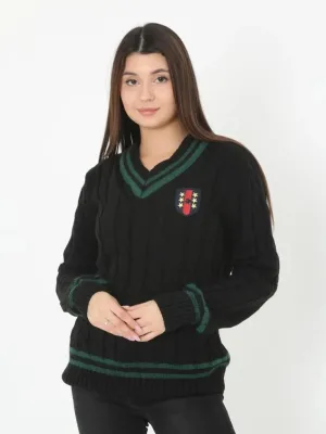 Kadın Siyah V Yaka Örgülü Hırka