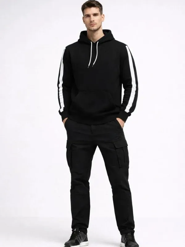 Muški crni oversize kapuljačasti 3-nitni pamučni sweatshirt s prugama