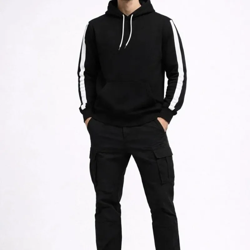 Sweatshirtê Mêran ê Reş Oversize Bi Şerît Kêşkêş 3 Têl Pembû