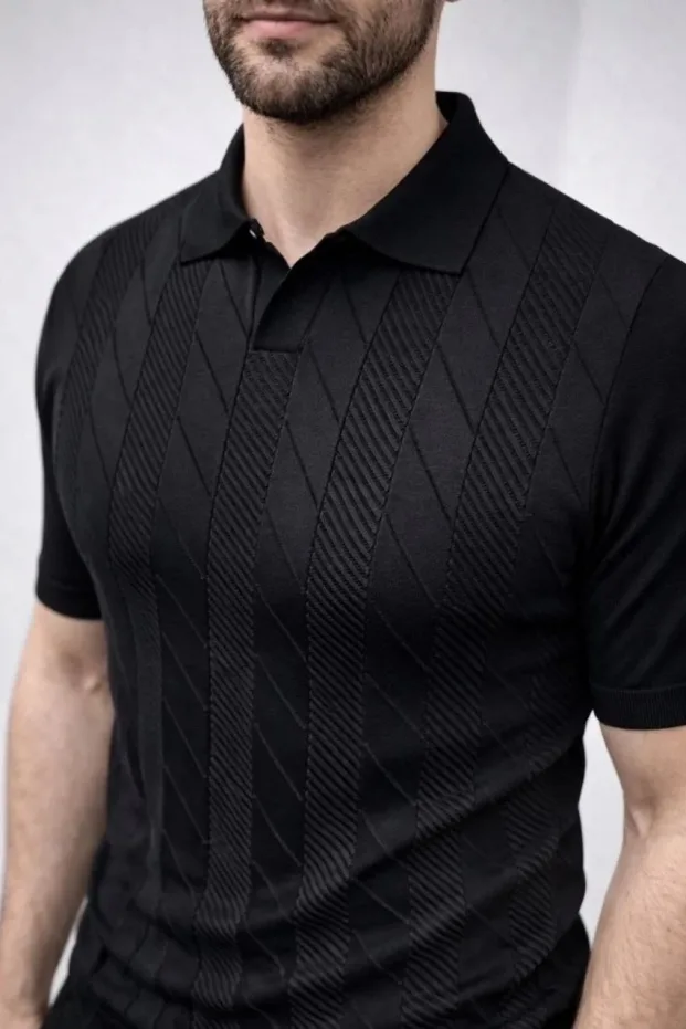 Nero Maschio Manica Corta Maglia Tessuto Polo Collo T-shirt 1
