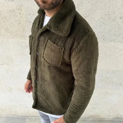 Férfi khaki plüss polár inggalléros gomblyukas gombos kardigán 3