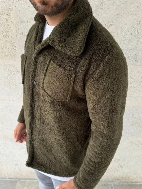 Férfi khaki plüss polár inggalléros gomblyukas gombos kardigán 3