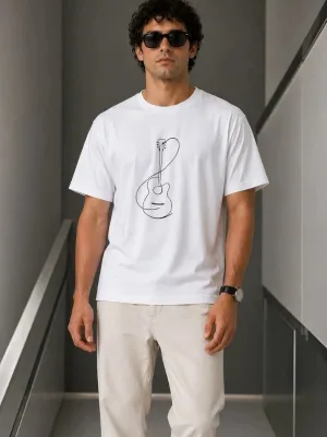 Muška bijela oversize bicikli kragna minimal gitara printana majica