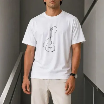 Muška bijela oversize bicikli kragna minimal gitara printana majica 1