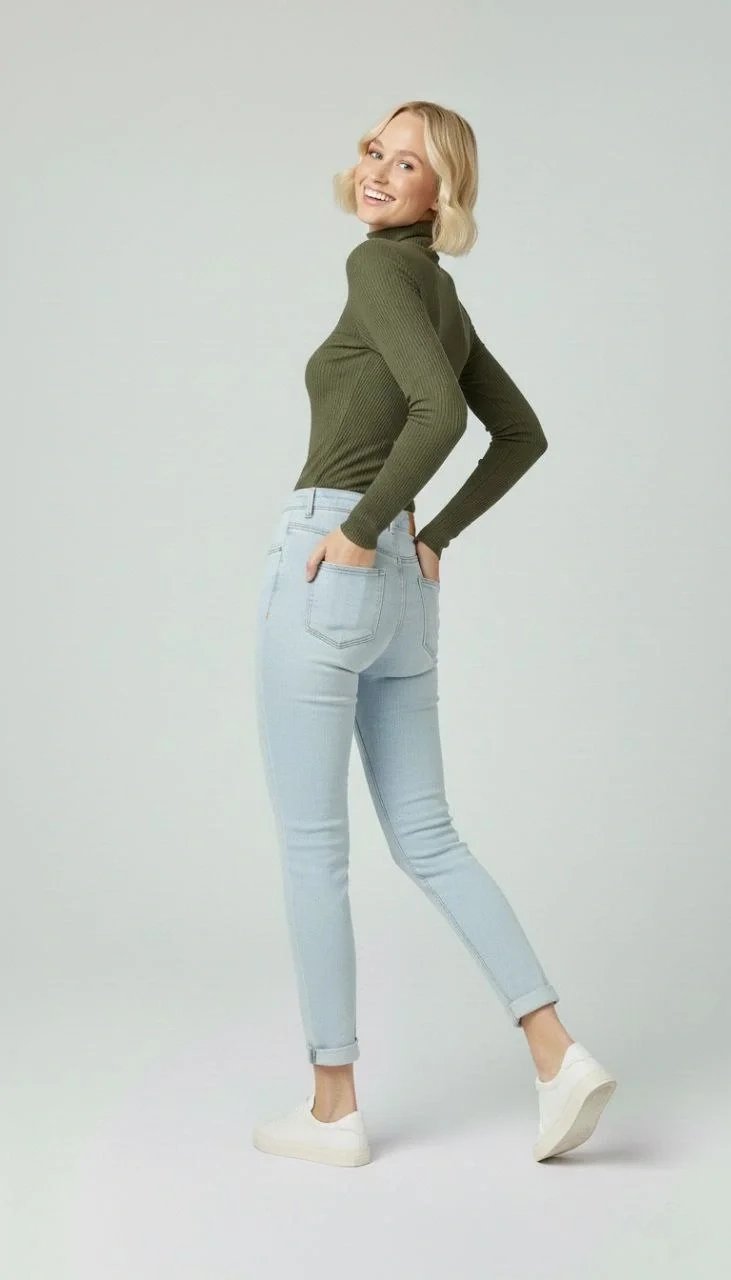 Dámské khaki s vysokým výstřihem žebrované lycrové tenké dlouhé rukávy body 4