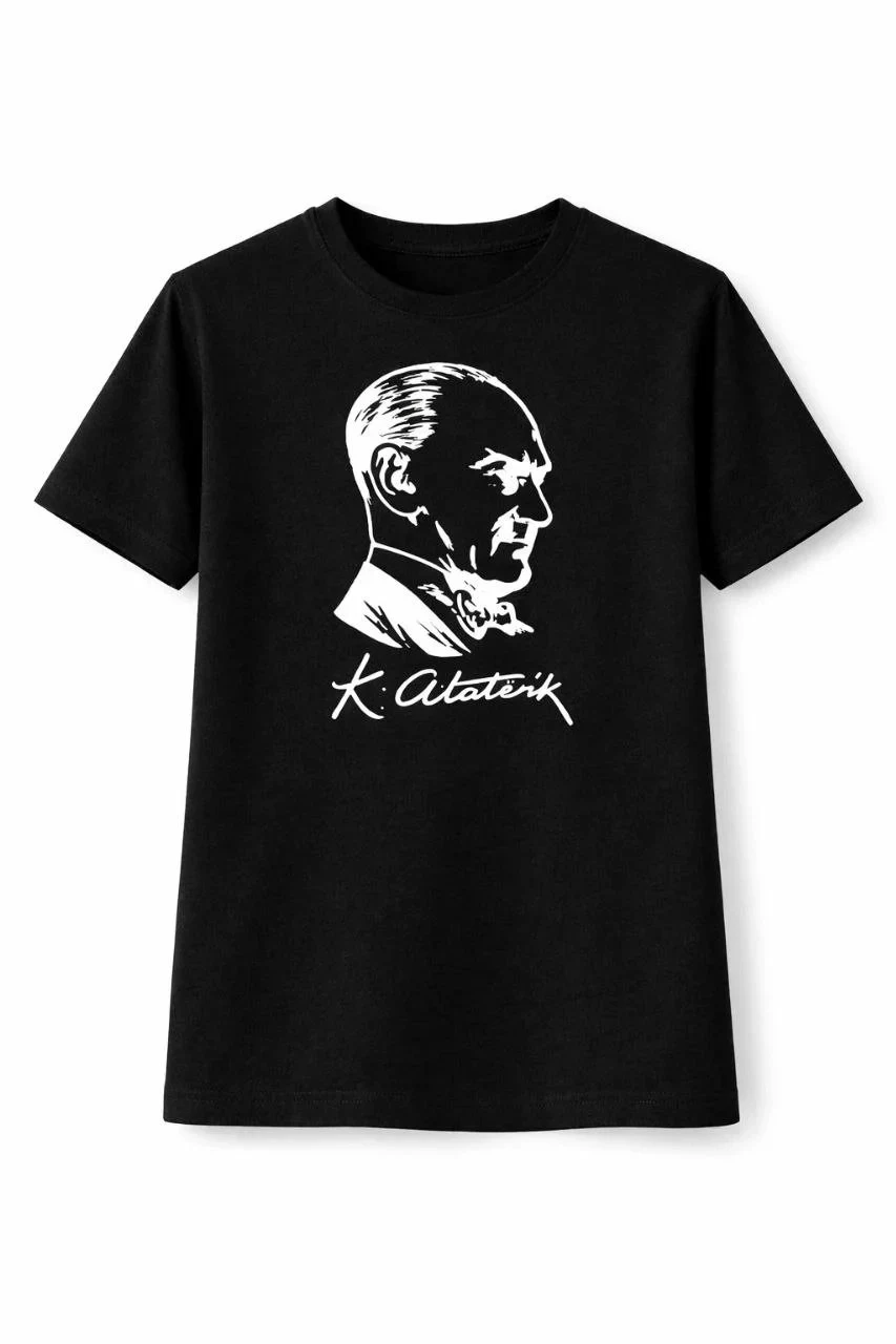Children's Black Atatürk Printed Crew Neck T-Shirt