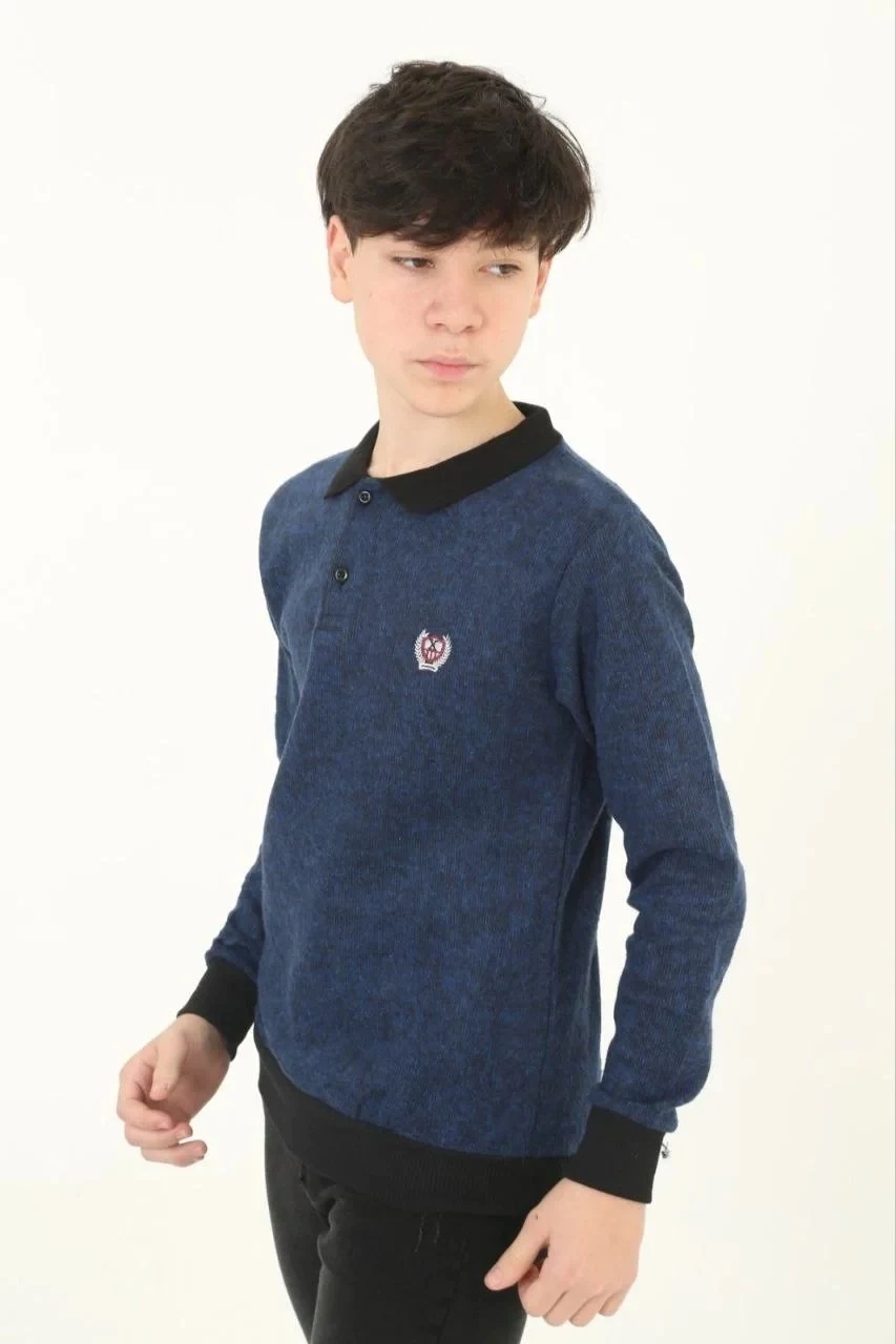 Copil Bleumarin Guler Selanik Brodat Tricot Neted Pulover