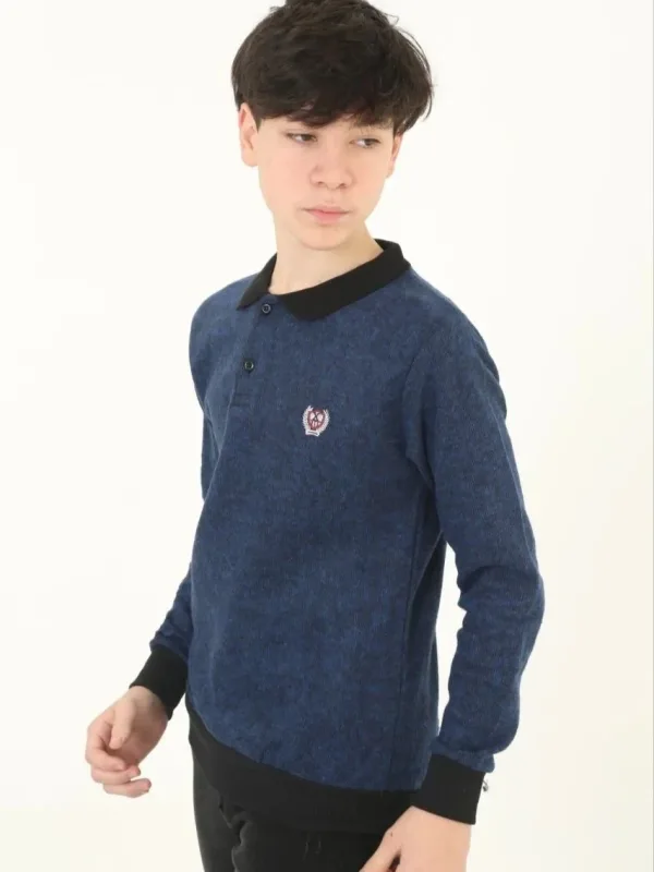 Copil Bleumarin Guler Selanik Brodat Tricot Neted Pulover 1