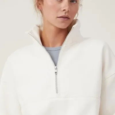 Női Fehér Oversize Félcipzáras Pamut Basic Sweatshirt 4