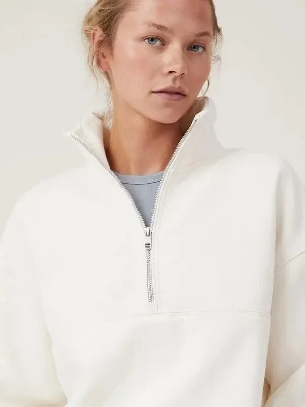 Női Fehér Oversize Félcipzáras Pamut Basic Sweatshirt 4