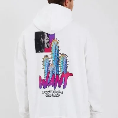Sweatshirtê Mêran ê Spî Oversize 3 Têl Pembû Bi Kapşon, Çapkirî 2