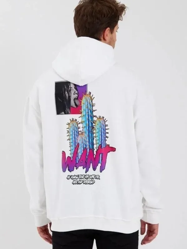 Sweatshirtê Mêran ê Spî Oversize 3 Têl Pembû Bi Kapşon, Çapkirî 2