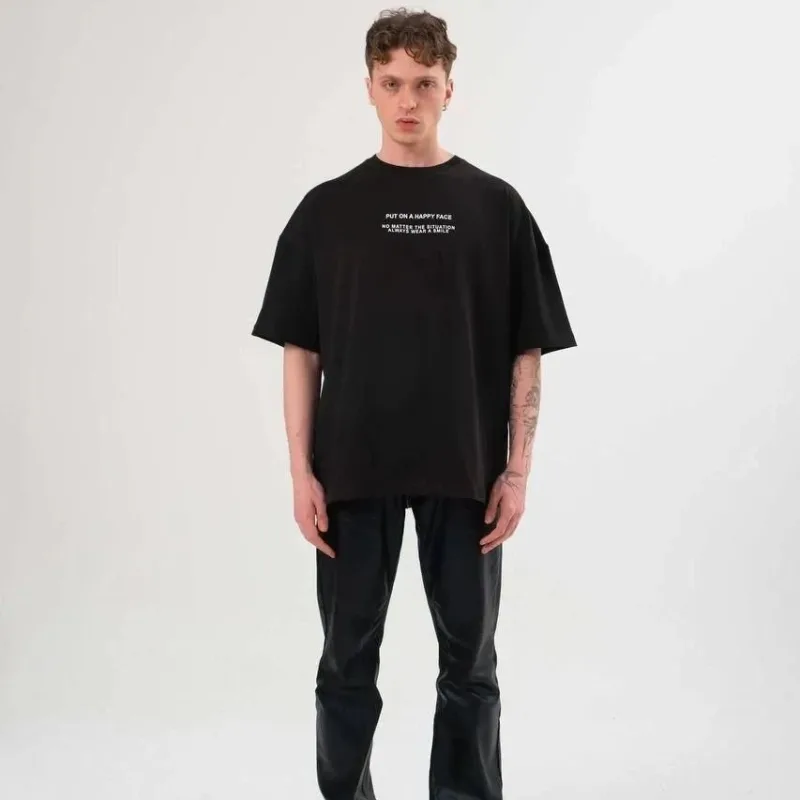 Ανδρικό Μαύρο Oversize Ποδηλατικό Λαιμόκοψη Τυπωμένο Καλοκαιρινό Μπλουζάκι