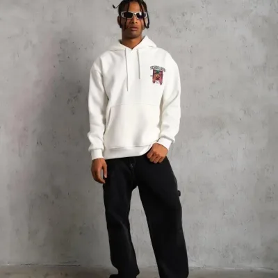 Muški bijeli oversize 3-niti pamučni s kapuljačom tiskani s džepom sweatshirt 4