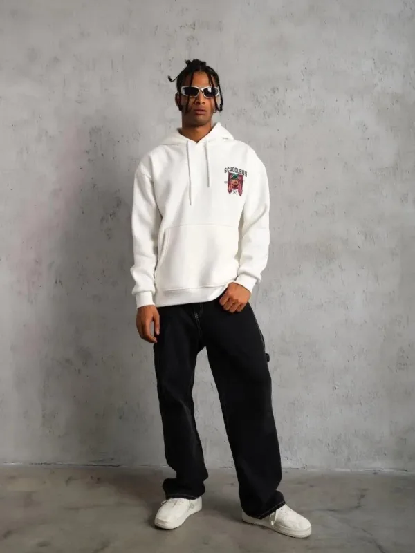 Muški bijeli oversize 3-niti pamučni s kapuljačom tiskani s džepom sweatshirt 4