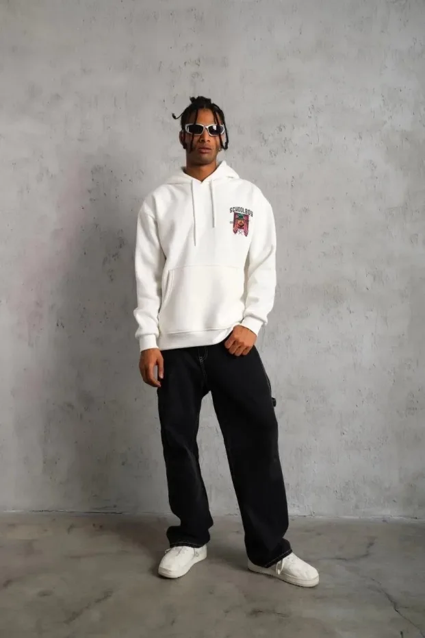 Sweatshirtê Mêran ê Spî ê Oversize yê Bi Kêpik û Berîk, 3 Têl, Pembû, Çapkirî 4