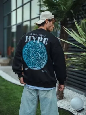 Férfi Fekete Oversize 3 Szálas Pamut Nyomott Kerékpárnyakú Sweatshirt