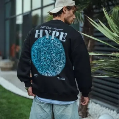 Férfi Fekete Oversize 3 Szálas Pamut Nyomott Kerékpárnyakú Sweatshirt 1