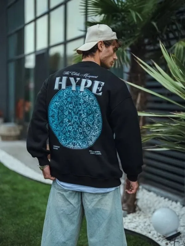 Férfi Fekete Oversize 3 Szálas Pamut Nyomott Kerékpárnyakú Sweatshirt 1