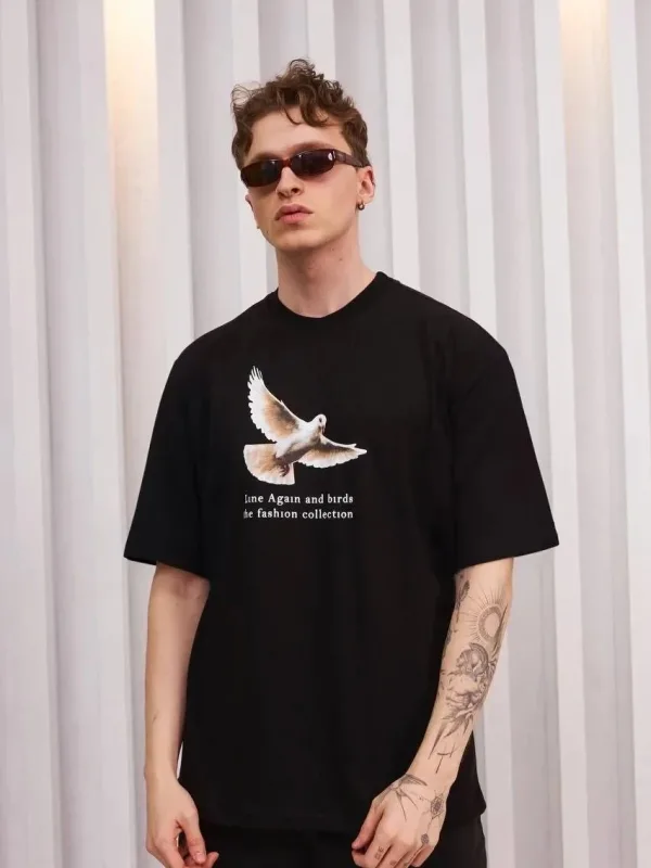 Muška crna oversize bicikl vrat printana ljetna majica