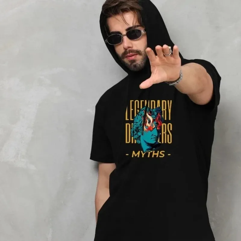 Машки црн oversize качулка безракавна печат маица