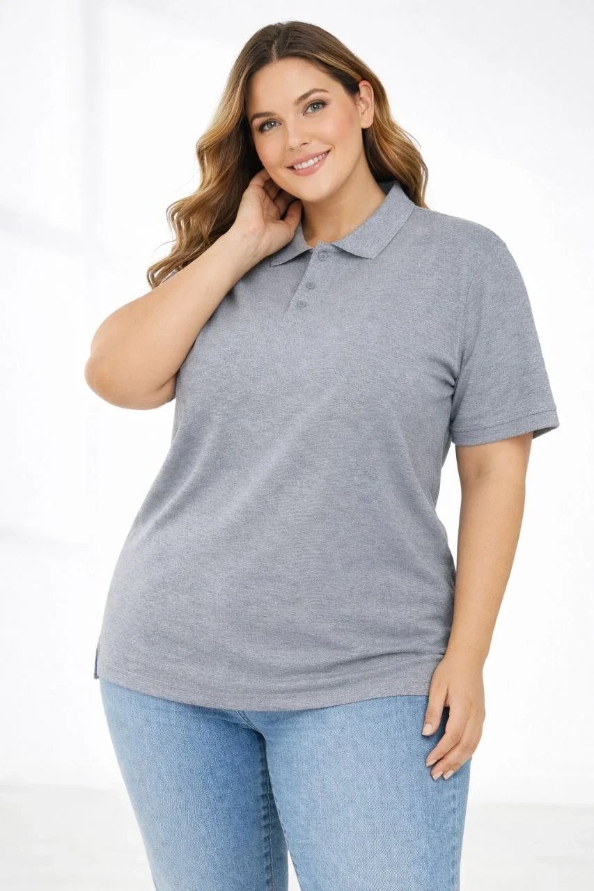 Femeia Tricou Gri cu Țesătură Pike, Guler Polo, Mânecă Scurtă 2