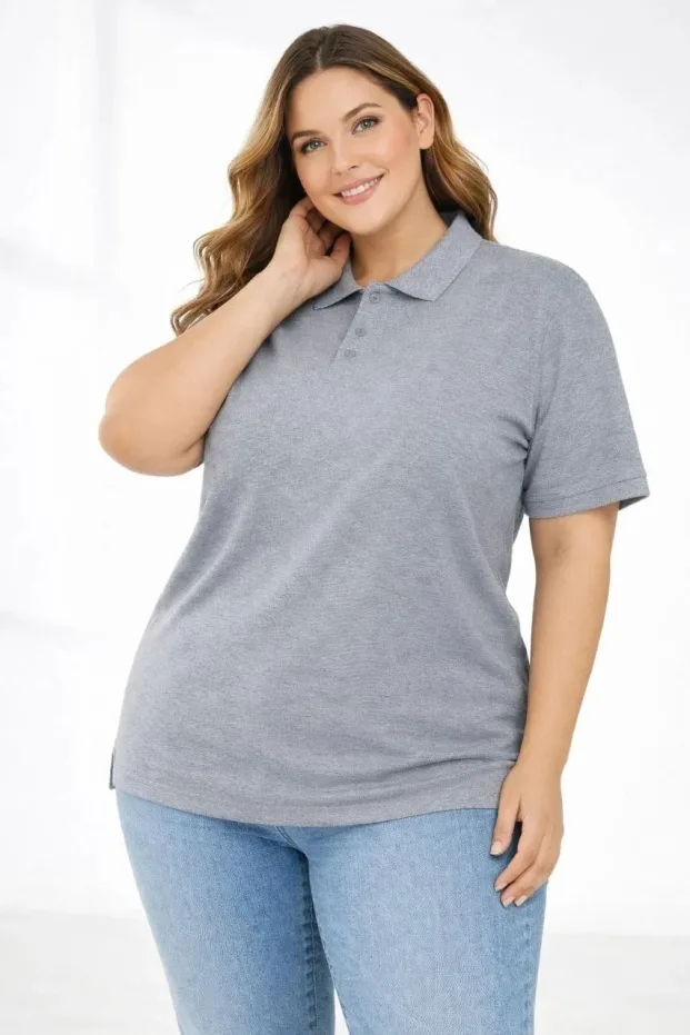 Kadın Gri Oversize Pike Kumaş Polo Yaka Kısa Kol Tişört 2