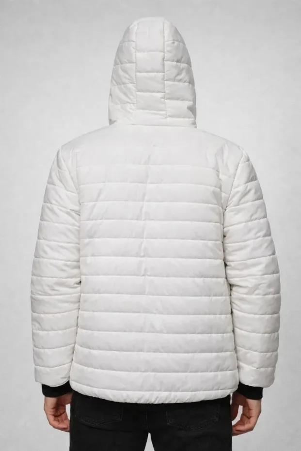 Men's Cream Water Repellent Puffer Hooded Zippered Quilted Coat 3