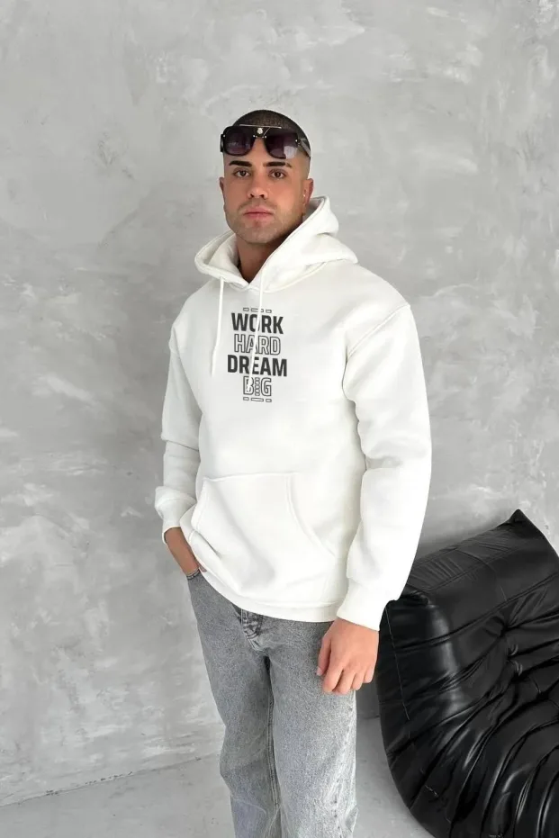 Muška bijela 3-nitna pamučna printana kengur džep hoodie sweatshirt 1