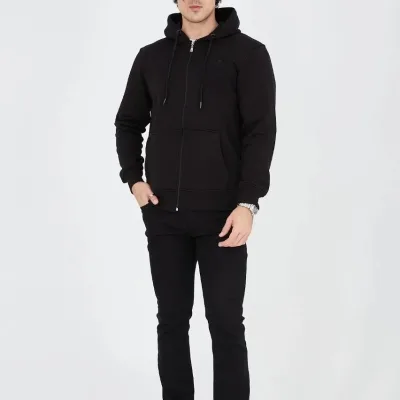 Muški crni 3-nitni pamučni full zip hoodie s džepovima 3