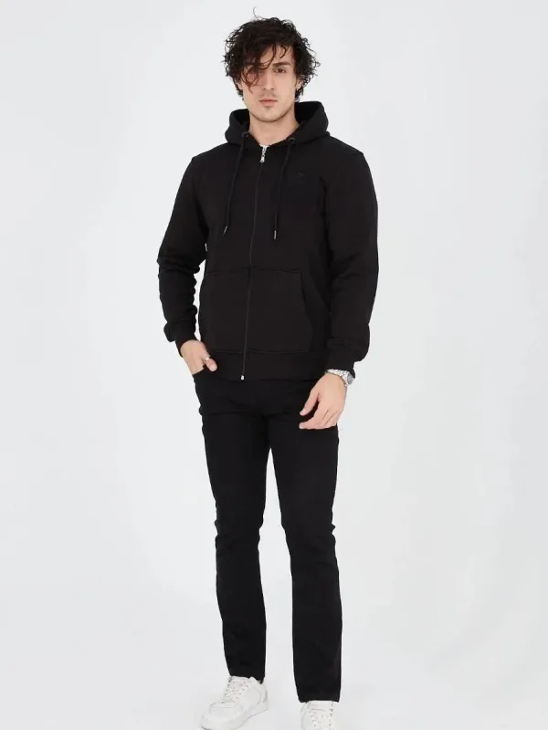 Muški crni 3-nitni pamučni full zip hoodie s džepovima 3