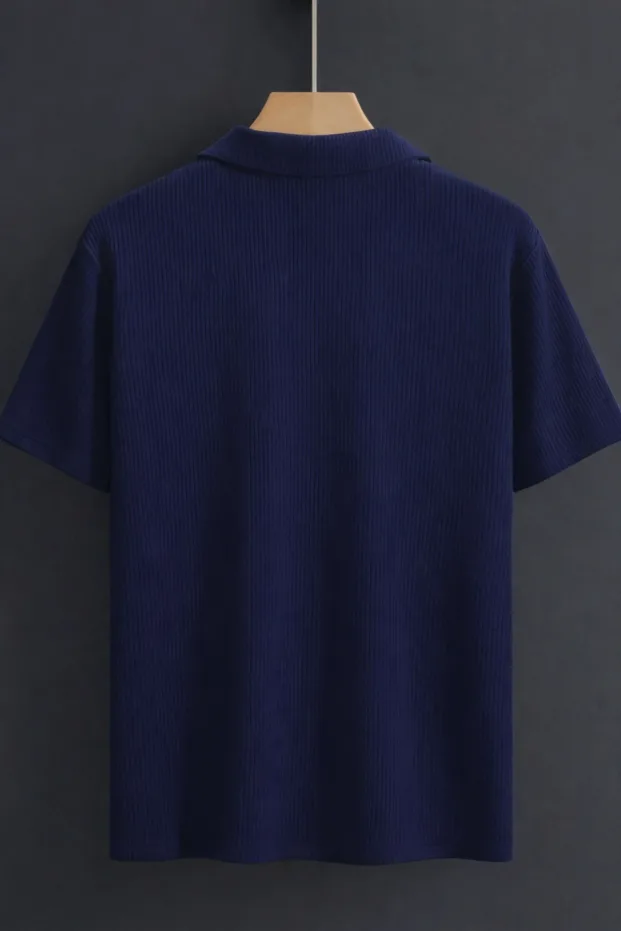Erkek Lacivert Oversize Bisiklet Yaka Fitilli Pamuklu Polo Tişört 2