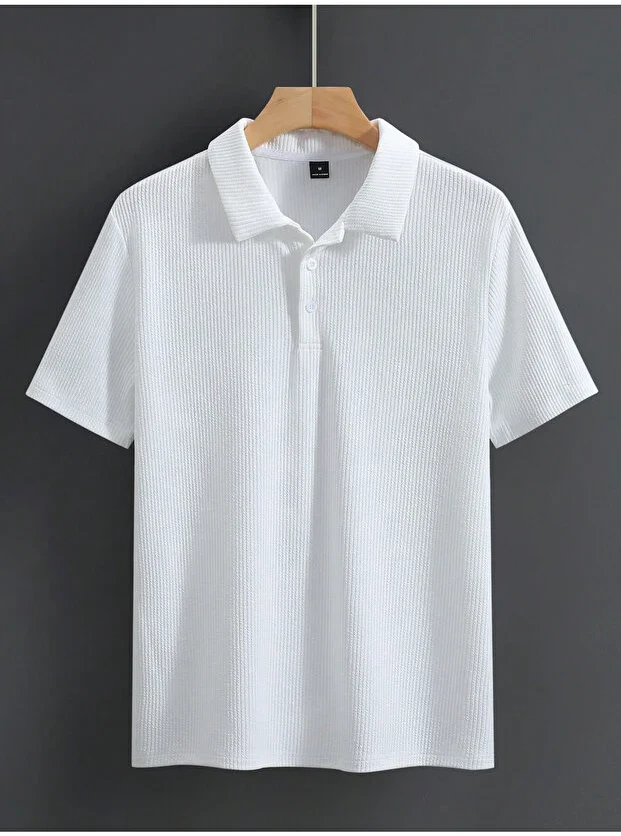 Erkek Beyaz Oversize Bisiklet Yaka Fitilli Pamuklu Polo Tişört 3