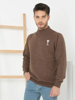 Pánský hnědý pololímec potištěný tkaný triko svetr
