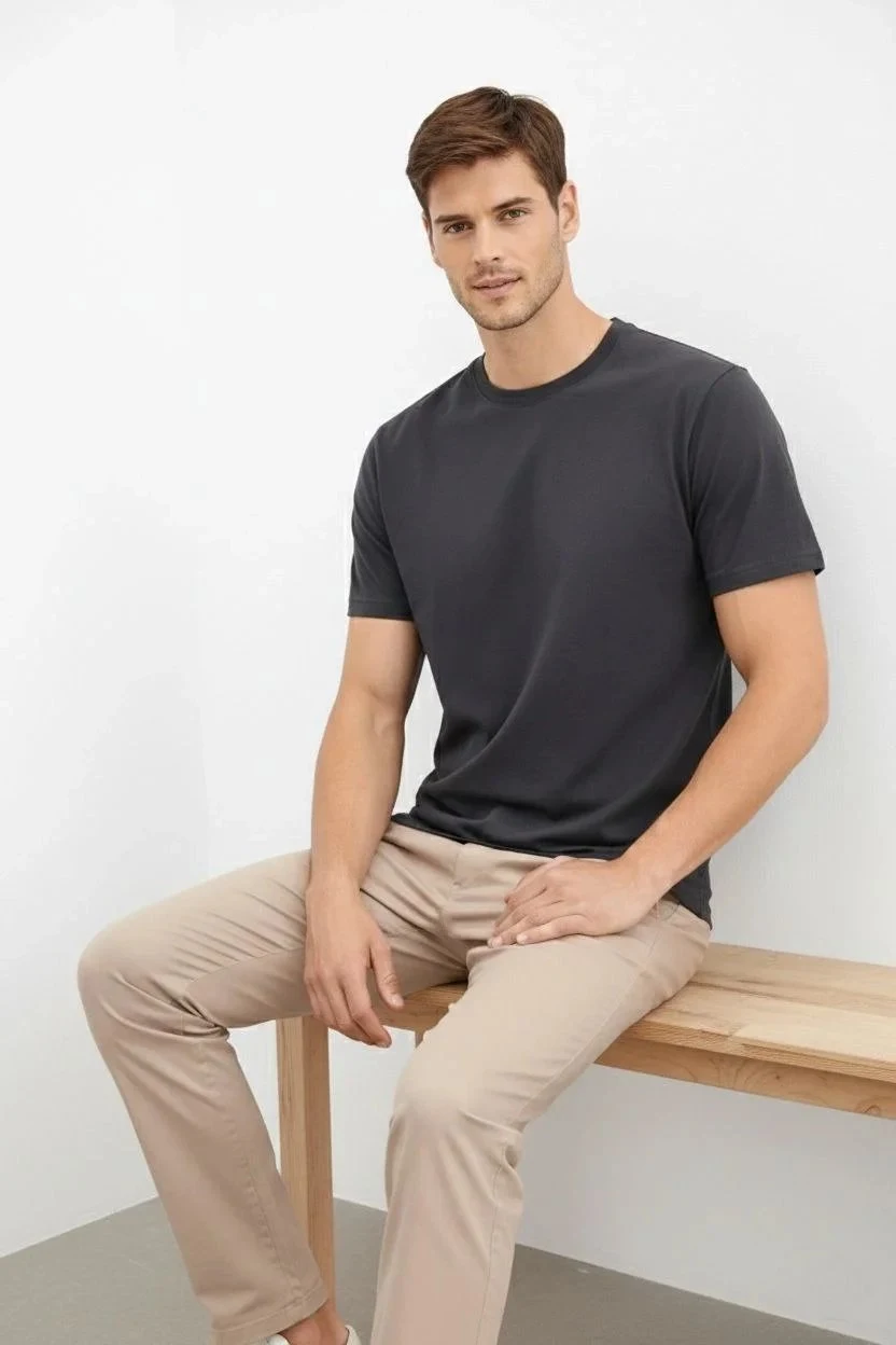 Men's Smoke Regular Crew Neck Short Sleeve Solid T-Shirt
