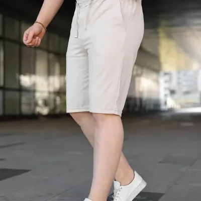 Erkek Krem Diagonel Kumaş Duble Paça Bağcıklı Lastik Bel Şort 3