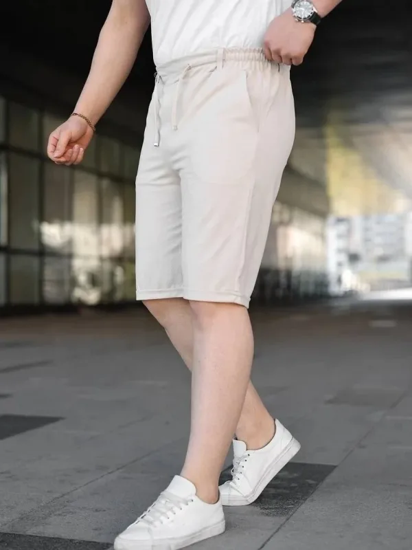 Erkek Krem Diagonel Kumaş Duble Paça Bağcıklı Lastik Bel Şort 3