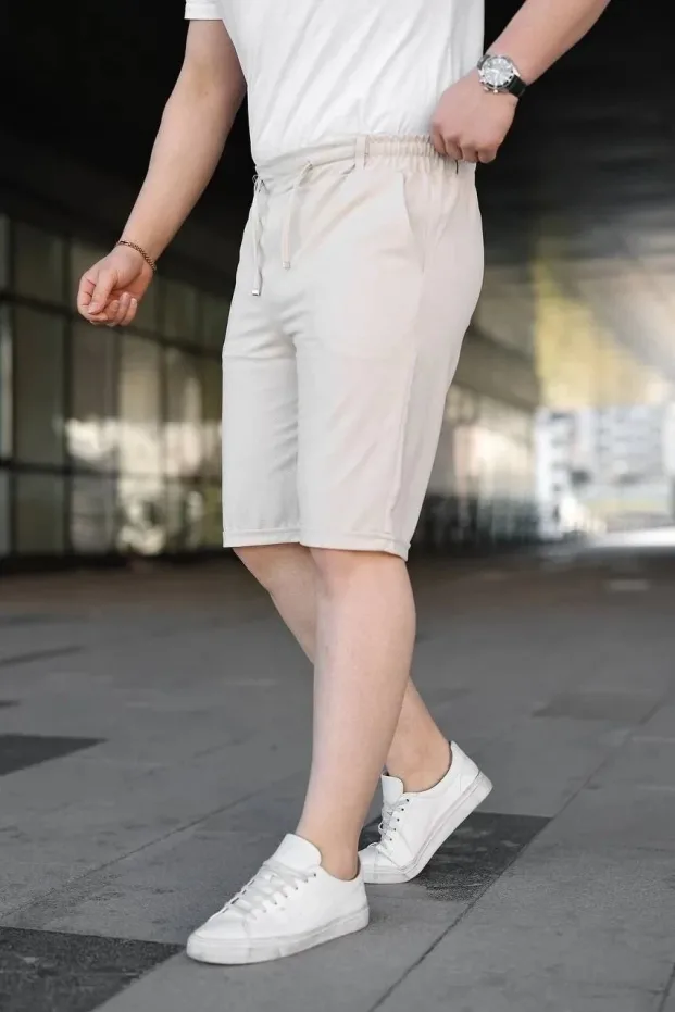 Pánske krémové diagonálne tkané šortky s dvojitým lemom, šnúrkami a gumou v páse 3