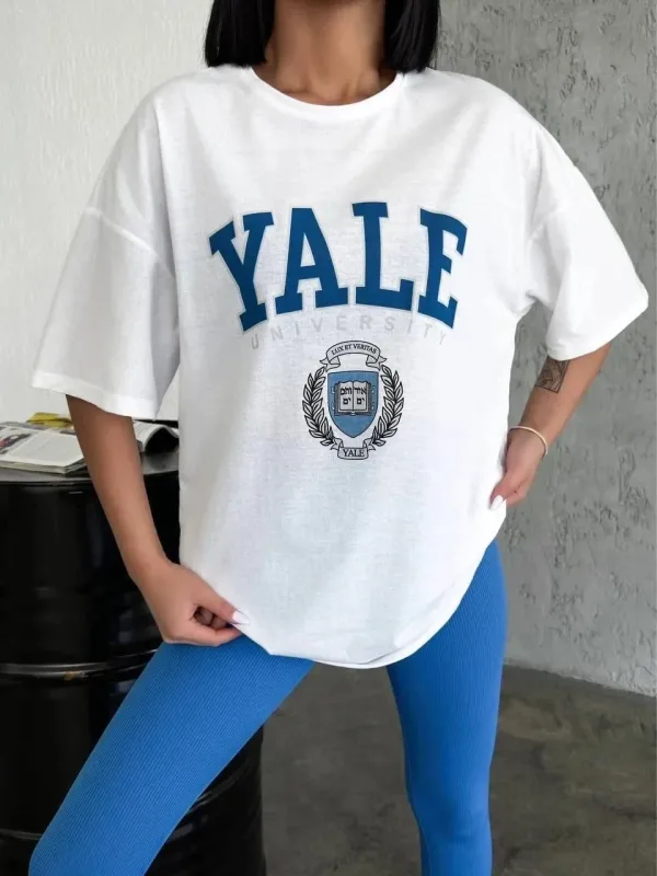 Női Fehér Kerékpárnyakú Nyomott Oversize Póló 2
