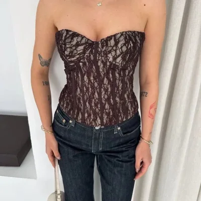 Women's Brown Transparent Lace Corset Strapless Crop Top 1